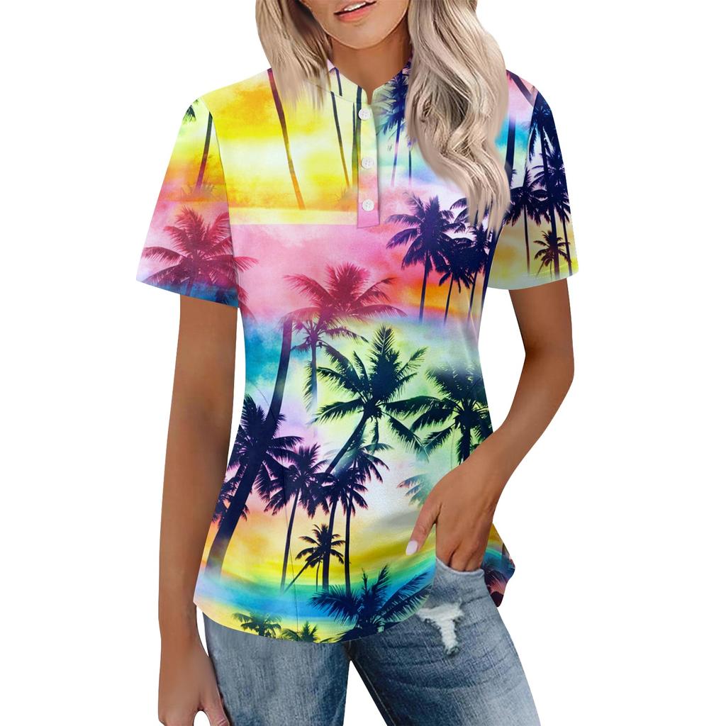 Women's Casual Polo Shirt Loose Fit Short Sleeve Top Button Placket Lightweight Breathable Fabric Summer Style