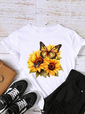 (Asian Size) T Shirt Fashion Butterfly Flower Trend Women Print Lady Female Graphic Casual Short Sleeve T-shirts Tee Top Clothing