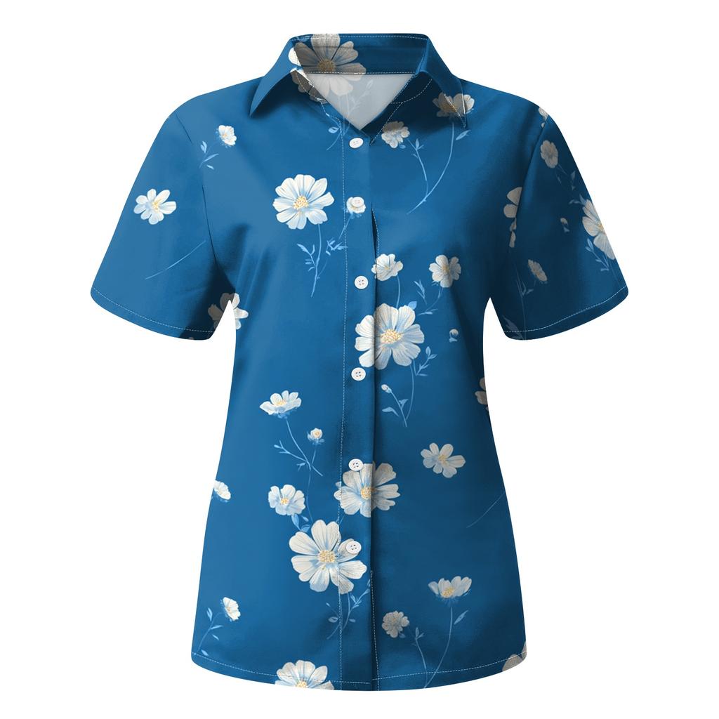 Women Casual Floral Print Short Sleeve Button Down Collar Shirt Lightweight Loose Fit Summer Blouse