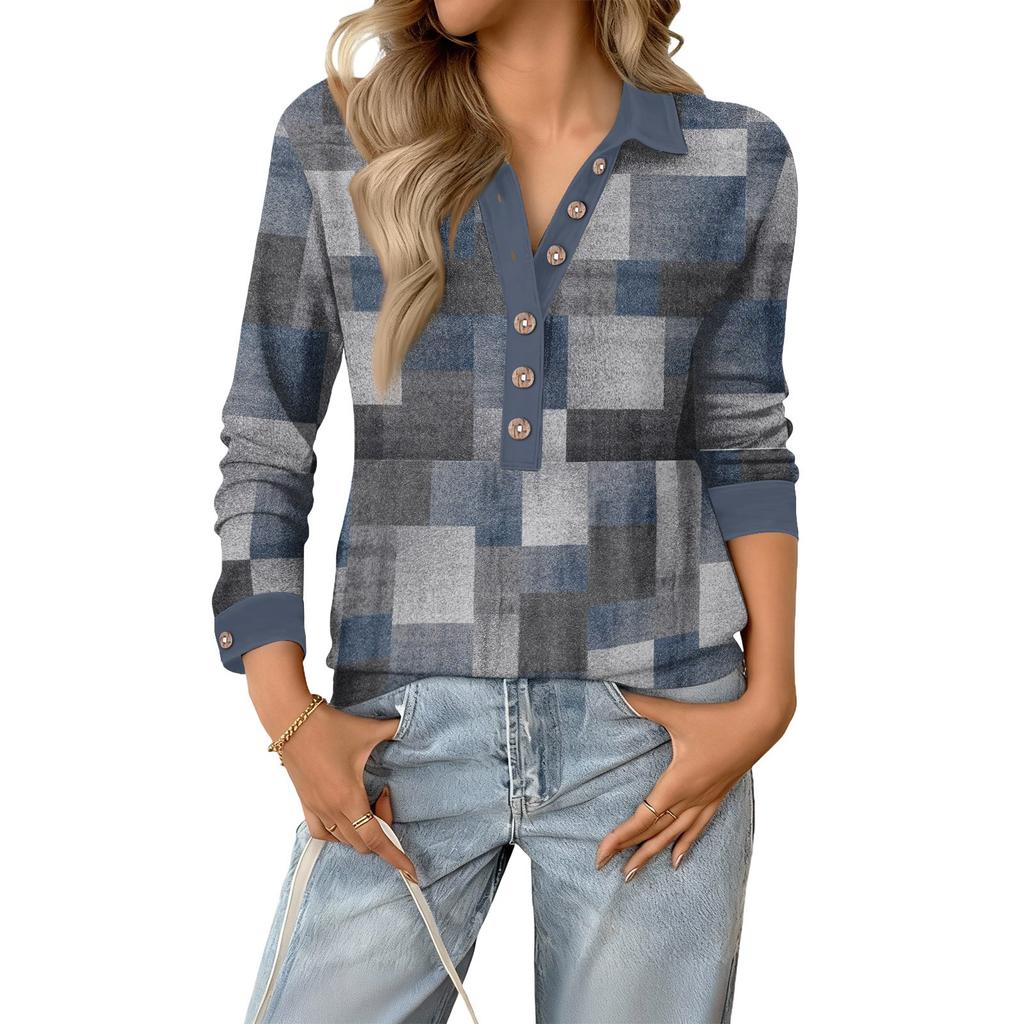 Damen Retro Street Lazy V-Ausschnitt Langarm Knopf Kariert Druck Pullover Top
