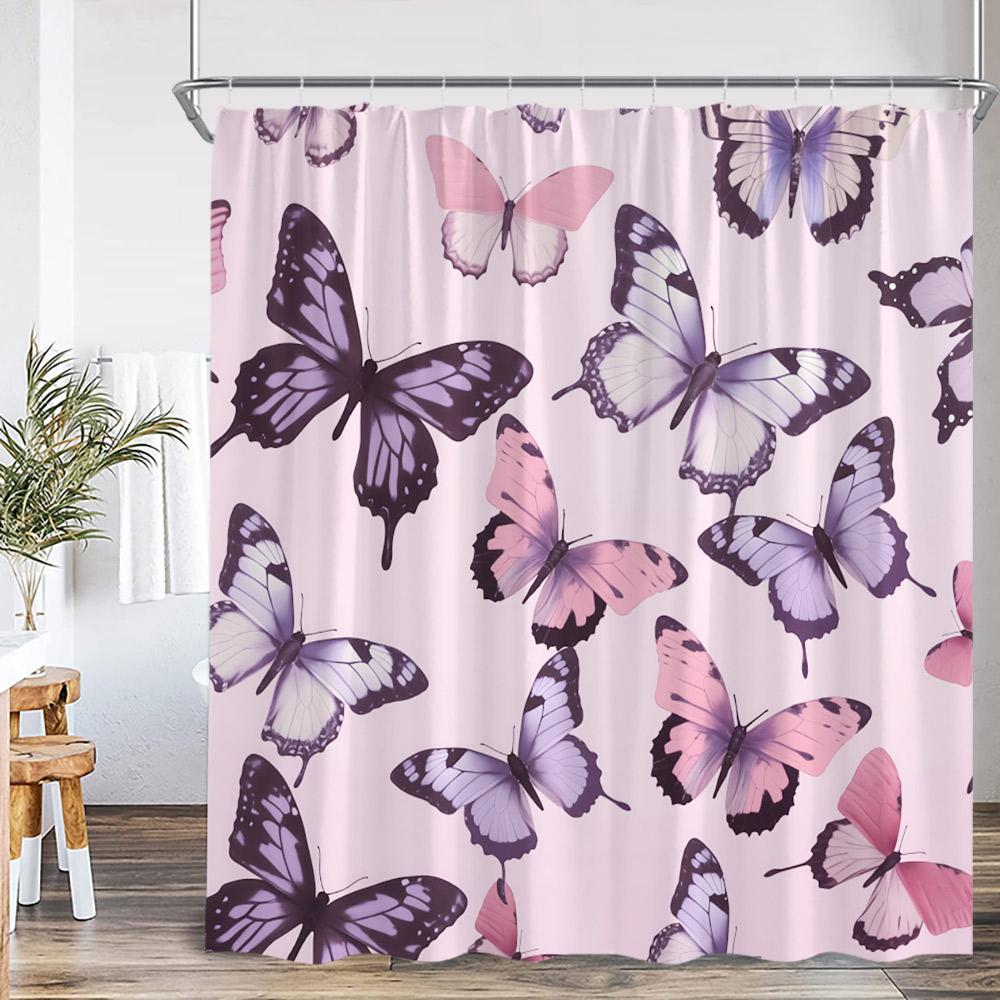 Butterfly Shower Curtains Multicolored Flowers Pastoral Floral Bathroom Decorations Rustic Polyester Bath Curtains with Hooks