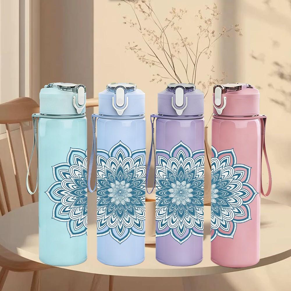 1PC Blue Mandala Pattern 750ml Color Plastic Sports Water Bottle Leakproof Flip Straw Lid Suitable for Sports Office Home Use