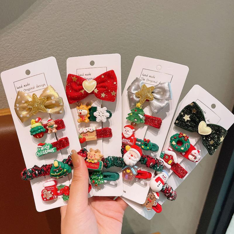 5Pcs/Set  Christmas Hair Clip Hair Tie Children Christmas Gifts Cute Santa Claus Snowman Elk Hair Accessories