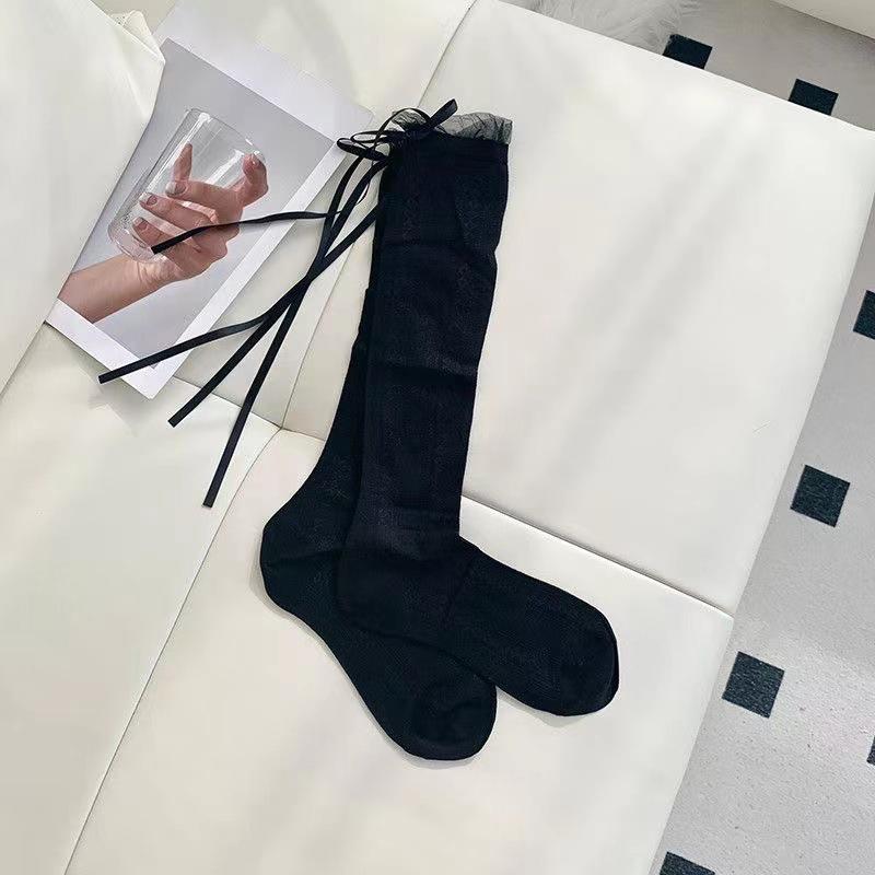 

Summer Calf Length Ballet Socks For Women Lightweight Mesh With Bow Lace Cool Slouch Socks For Outdoor Or Indoor one size чорний