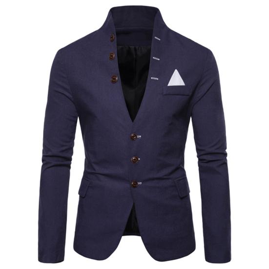 Herren Langarm Stehkragen Smoking Anzug Blazer 3 Knopf Tasche Slim Jacke Mantel