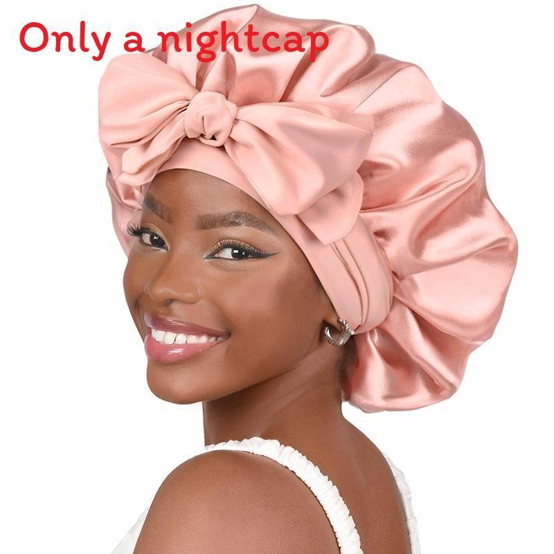 

Wide Brim Satin Elastic Lace Up Nightcap Solid Color Design Preservation Hair Pink