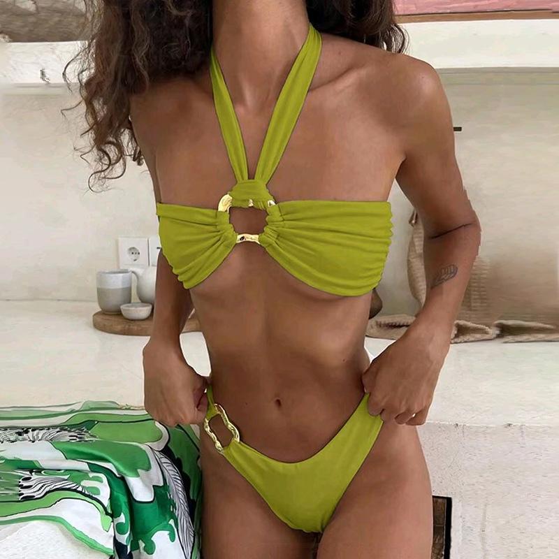 

Soft bag neck bikini women s solid color swimsuit plus size tube top split swimsuit L зелений