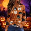 Women's Halloween Print Long Sleeve Round Neck Top with Split Hem