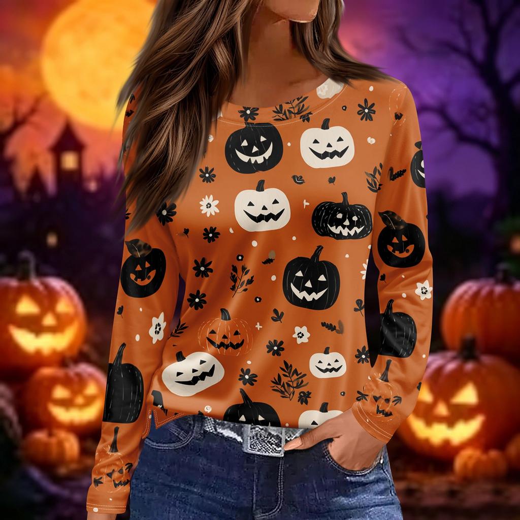 Women's Halloween Print Long Sleeve Round Neck Top with Split Hem