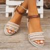 Straw Woven Rhinestone Sparkling Slope Heel Thick Soled Sandals 2025 Summer New Simple Fashion Buckle High Heels  Women Shoes