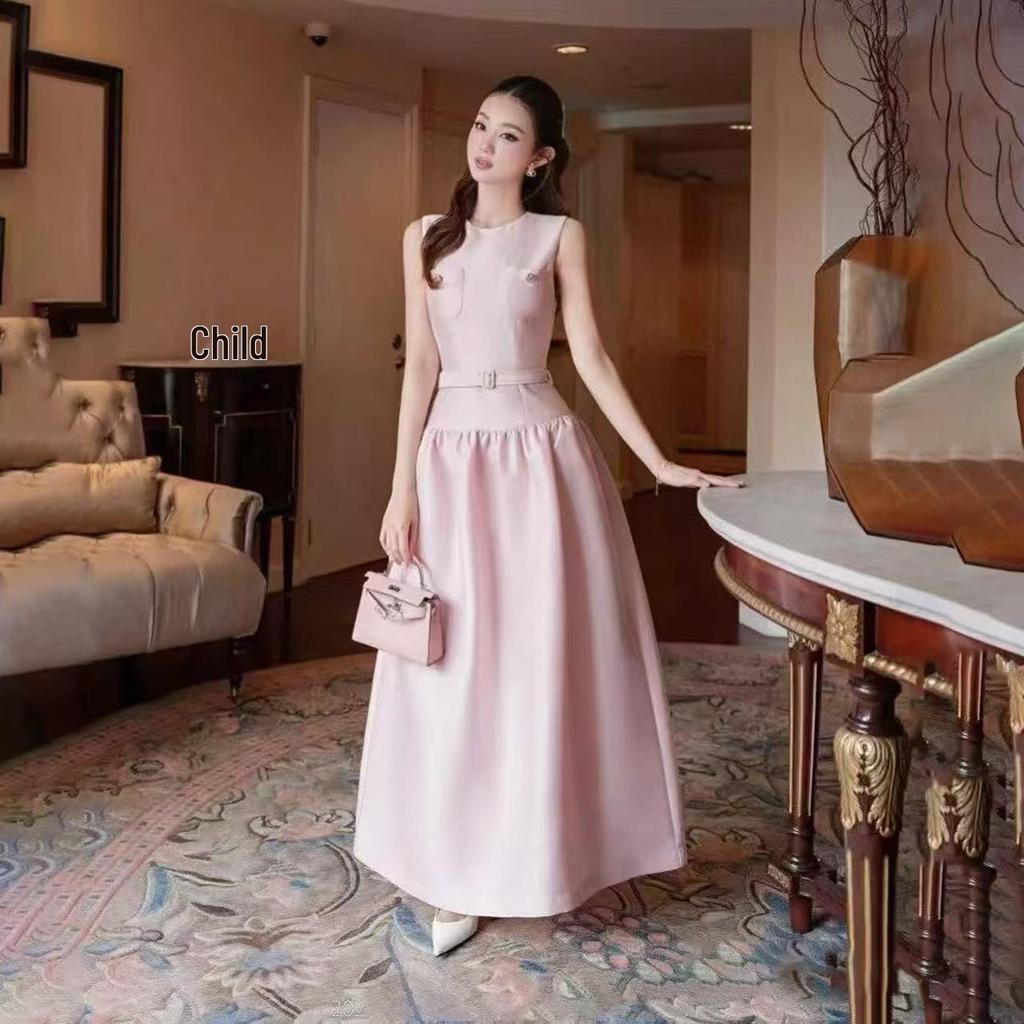 2026 Early Spring French-Style Pink Sleeveless Waist-Cinched Long Formal Gown