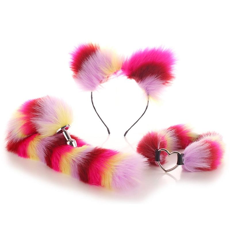 3 Pcs Multi-Size Butt Plug with Faux Fo-x Tail, Plush Ear Hair Clip and Collar for Role Play Costume Prop Drop