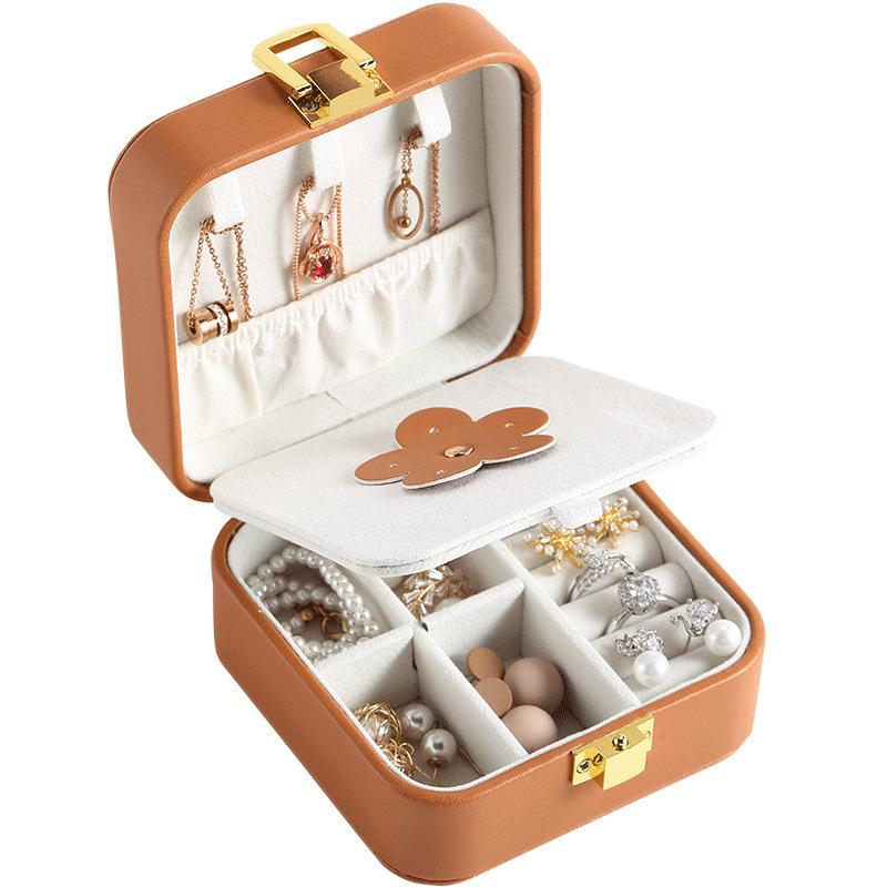 Mini Travel Jewelry Box Pu Leather Premium Sense Built-in Mirror Necklace Ring Earrings Portable Jewelry Box Organizer