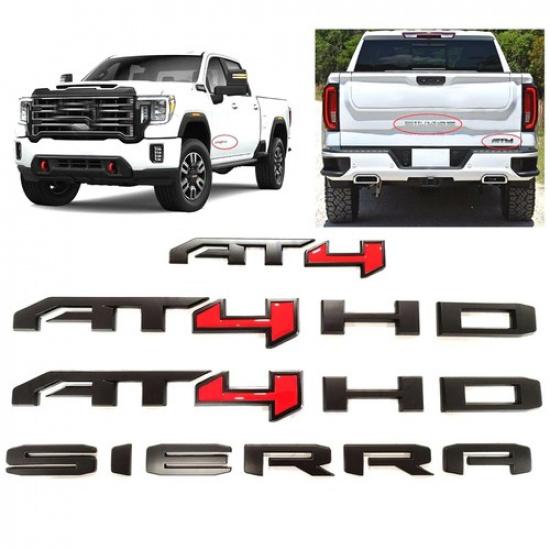 Rear Door AT4 HD Emblem Overlay (Matte Black & Red) For Sierra 2500HD / 3500HD