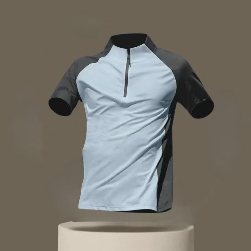Ice Silk Quick-Dry Short Sleeve Performance Shirt - Breathable, High Elasticity, Half-Zip, Stand Collar for Running and Fitness