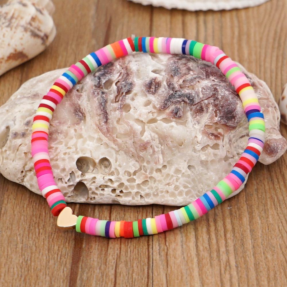 Multicolor Heishi Beaded Golden Heart Charm Bracelet Set for Women Summer Beach Jewelry Gift