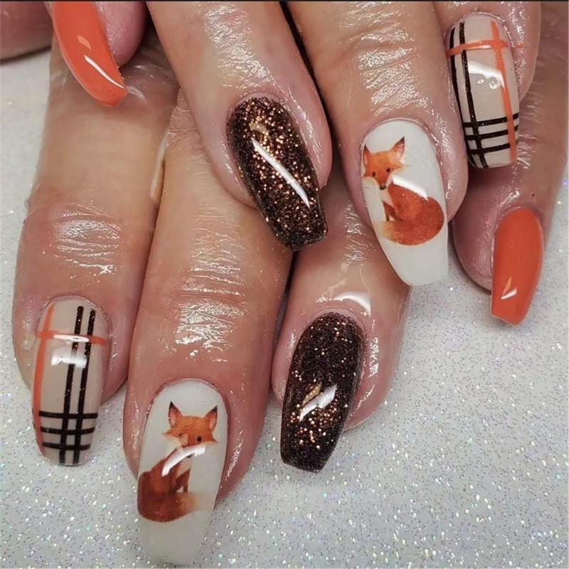 

24pcs Thanksgiving Press On Nail False Nail with Cute Foxes Full Cover Acrylic Nail Stick on Nail for Women and Girls 1