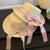 Fashion Flat Top Straw Hat for Women Floral Ribbon Bowknot Summer Large Brim Sunscreen Fisherman Cap Sweet Girls Travel Hat
