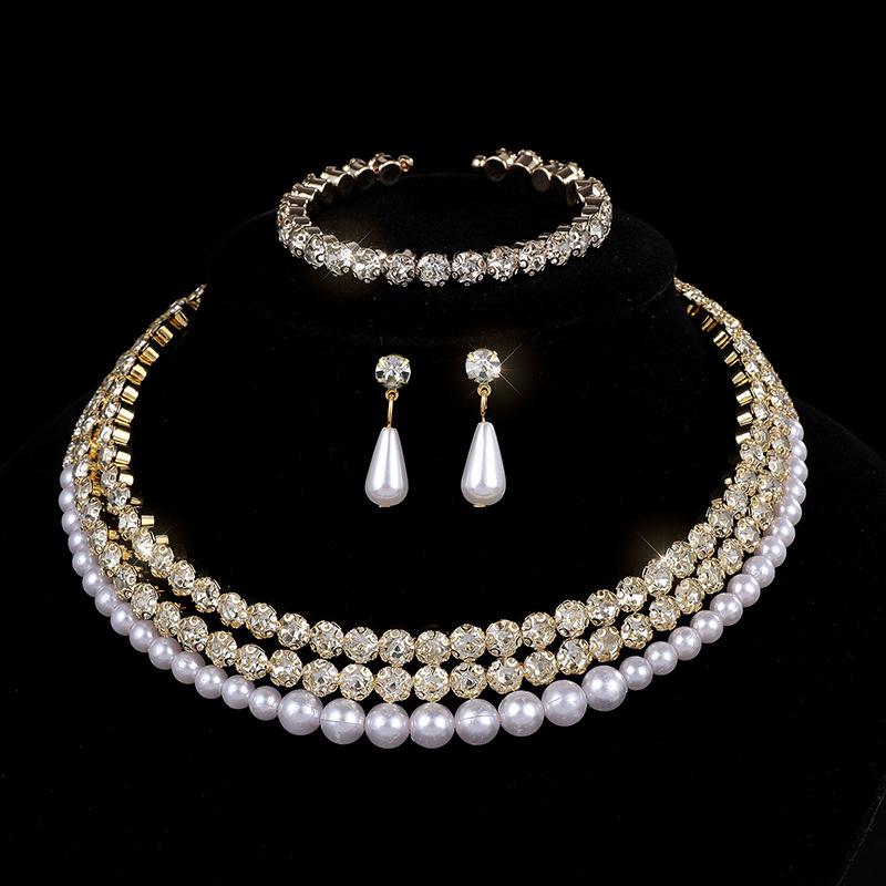 Bridal Pearl Full Diamond Necklace Necklace Diamond Imitation Pearl Bracelet Earrings Necklace Set Women