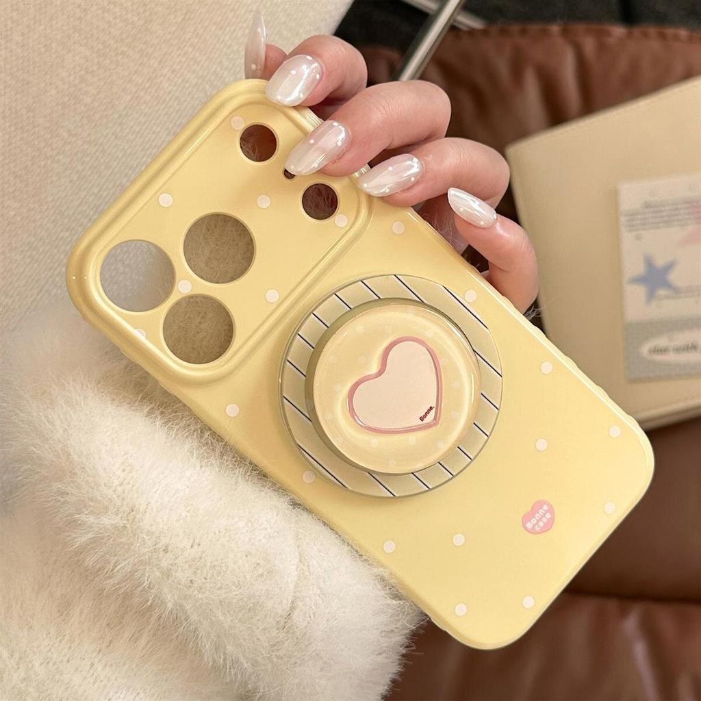 Cream polka dot Apple 17 Promax phone case iPhone 16 heart-shaped mirror magnetic suction support