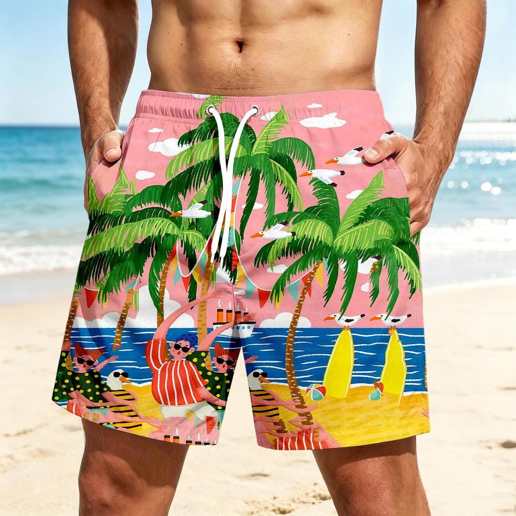 Men's Quick-Dry Hawaiian Print Beach Shorts for Summer Vacation