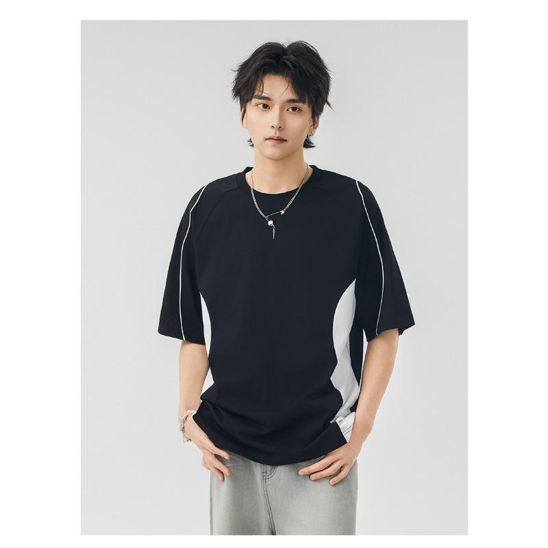 Herren Lockeres Patchwork Kurzarm T-Shirt mit Kontrastfarben Vin