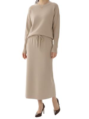 Ein Ambu Strickrock Schönes Oberteil und Langer Langer Gerippter Uni-Strickrock Größe M Damen-Set, Rock, Pullover, Strick, Beige,