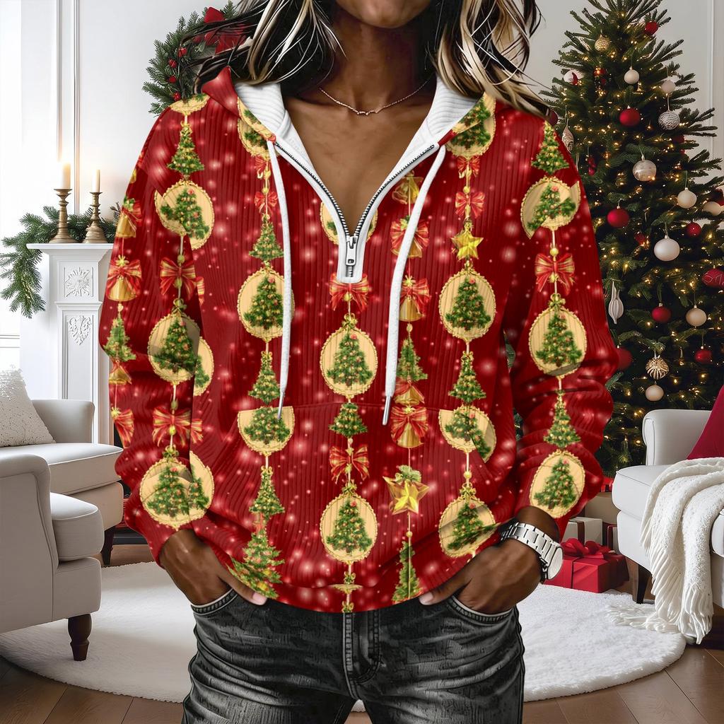 Women's Long Sleeve Christmas Print Pullover Hoodie with