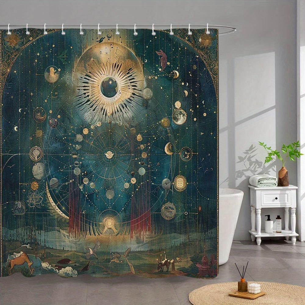 Mystical Cosmic Print Waterproof Shower Curtain For Bathroom, Intricate Sun & Moon Design High-End Toilet Partition Curtain