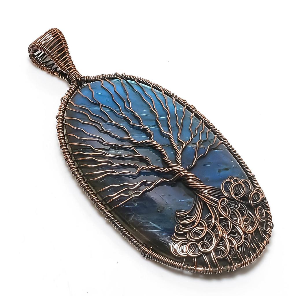 Tree Of Life Labradorite Pendant, Handmade Gemstone 999 Copper Wire Wrap Pendant Antique Jewelry, For Gift Silver Jewelry