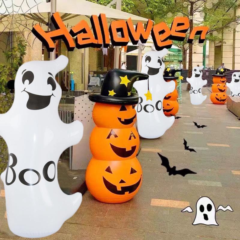 130cm Halloween Standing Inflatable Yard Decor, Inflatable White Ghost and Pumpkin for Home Yard Lawn Indoor Outdoor Decoration