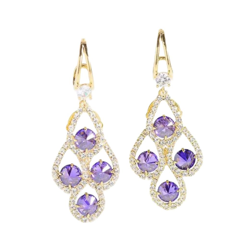 Trendy Purple Zircon Teardrop Ear Clips Elegant Luxurious Earrings For Women Fashion Jewelry
