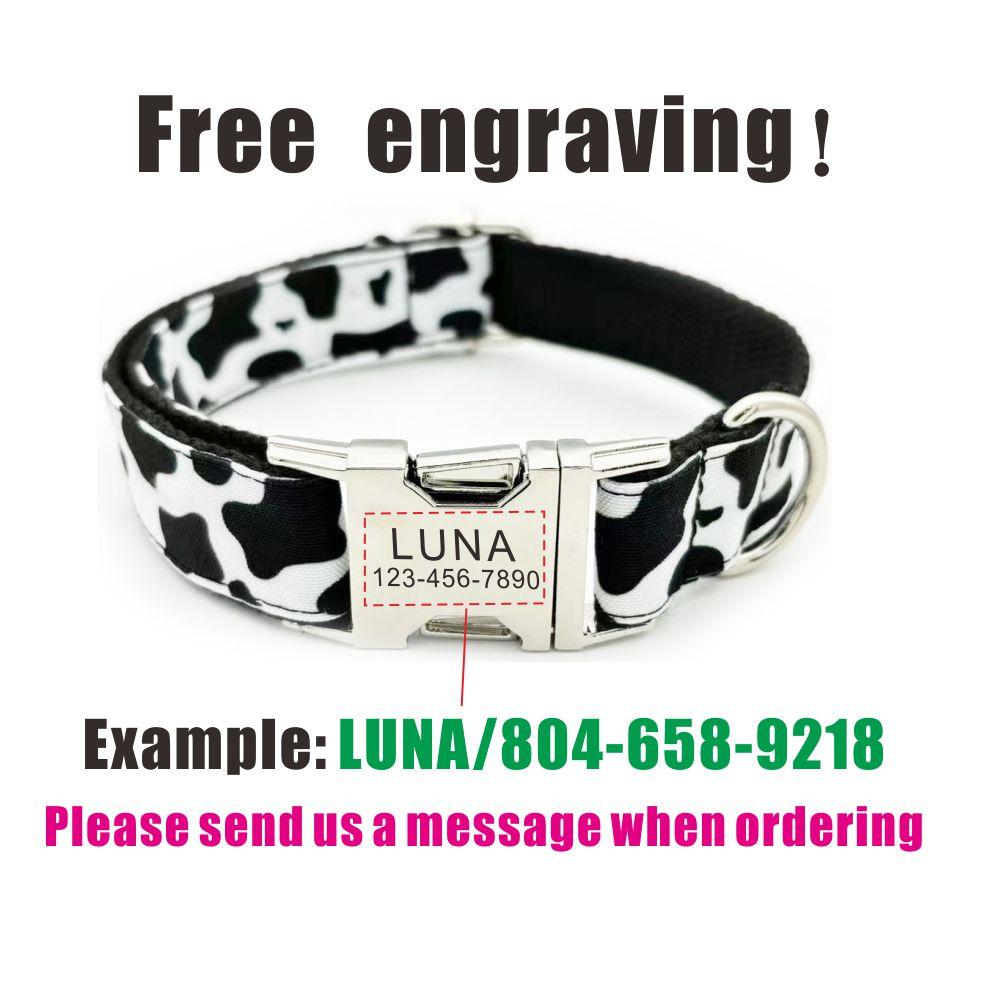 Spersonalizowana obroża dla zwierzęcia we wzór krowy, niestandardowa zawieszka ID dla szczeniaka, regulowany dodatek dla kota, czarno-białe podstawowe obroże i smycz dla psa