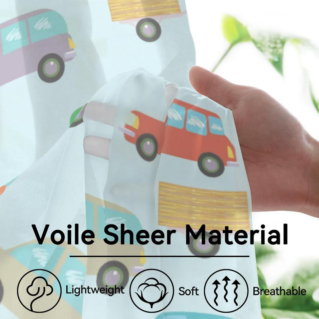Herdesings Cute Car Sheer Tulle Curtains Cars Chiffon Drapes 2 Panels Window Curtains for Living Room Bedroom Kitchen Decoration