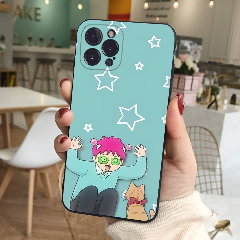 Cute Kitty Boy Saiki Kusuo Phone Case For IPhone 16 Pro Max 15 17 Plus 14 13 12 Mini 11 Black Cover