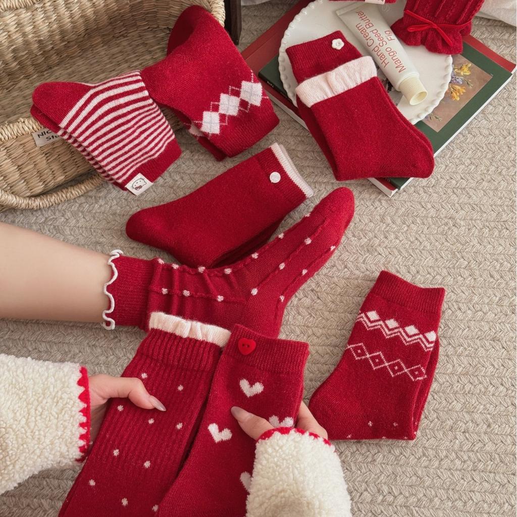 Socks Winter Festive Bow Red Thickened Warm Wool Socks Mid-Tube Socks Polka Dot Pile Socks