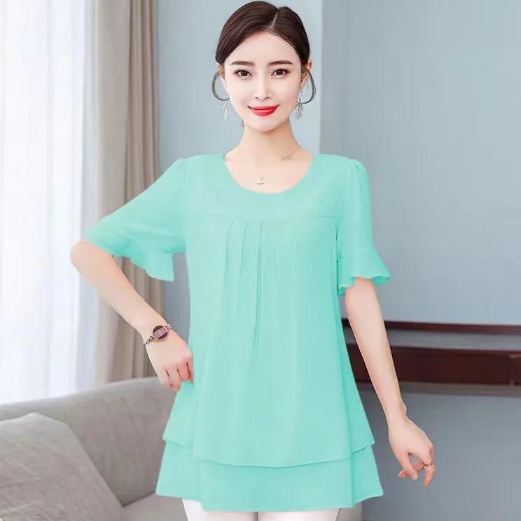 Women's Summer Short-Sleeve Chiffon Blouse Plus Size Loose-Fit Elegant Tummy-Covering Top