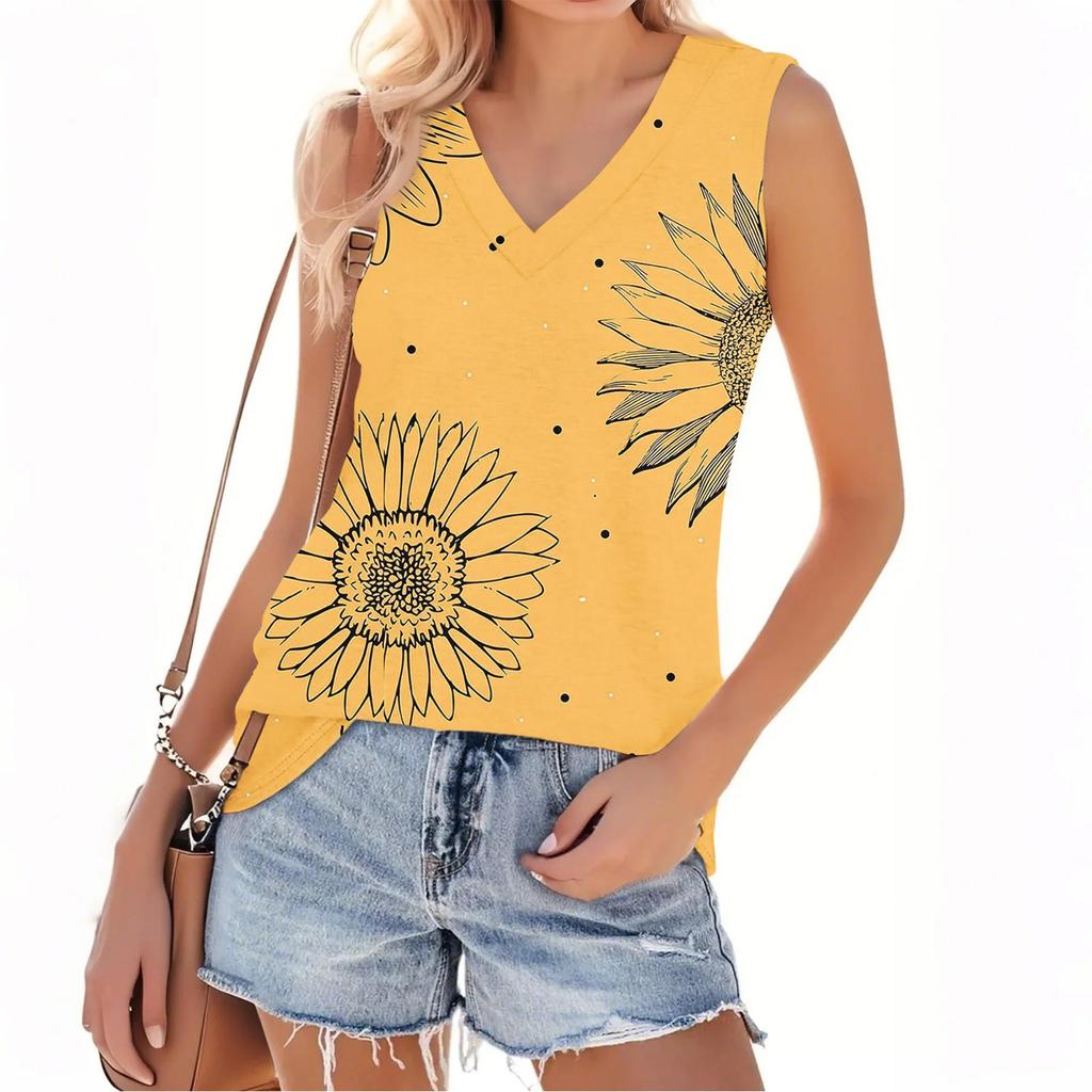 Dámský módní ležérní letní top bez rukávů s výstřihem do V a květinovým potiskem