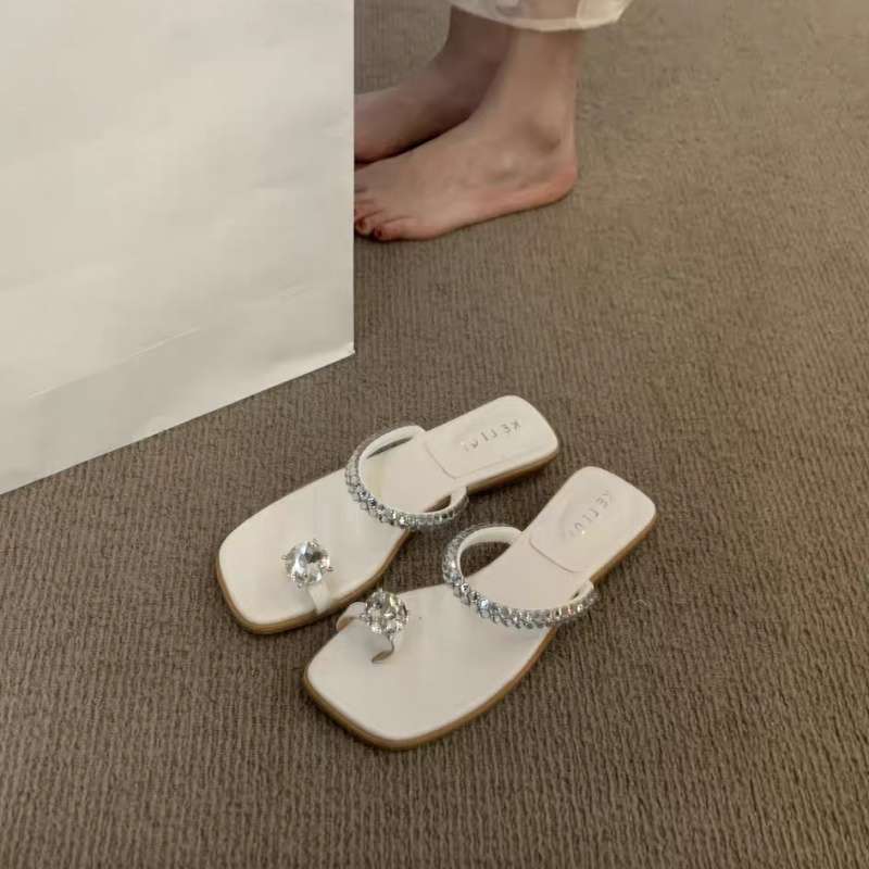 Spring and summer 2025 new rhinestone sandals outer wear women's shoes low heel square head cover toe fairy style with skirt sandals