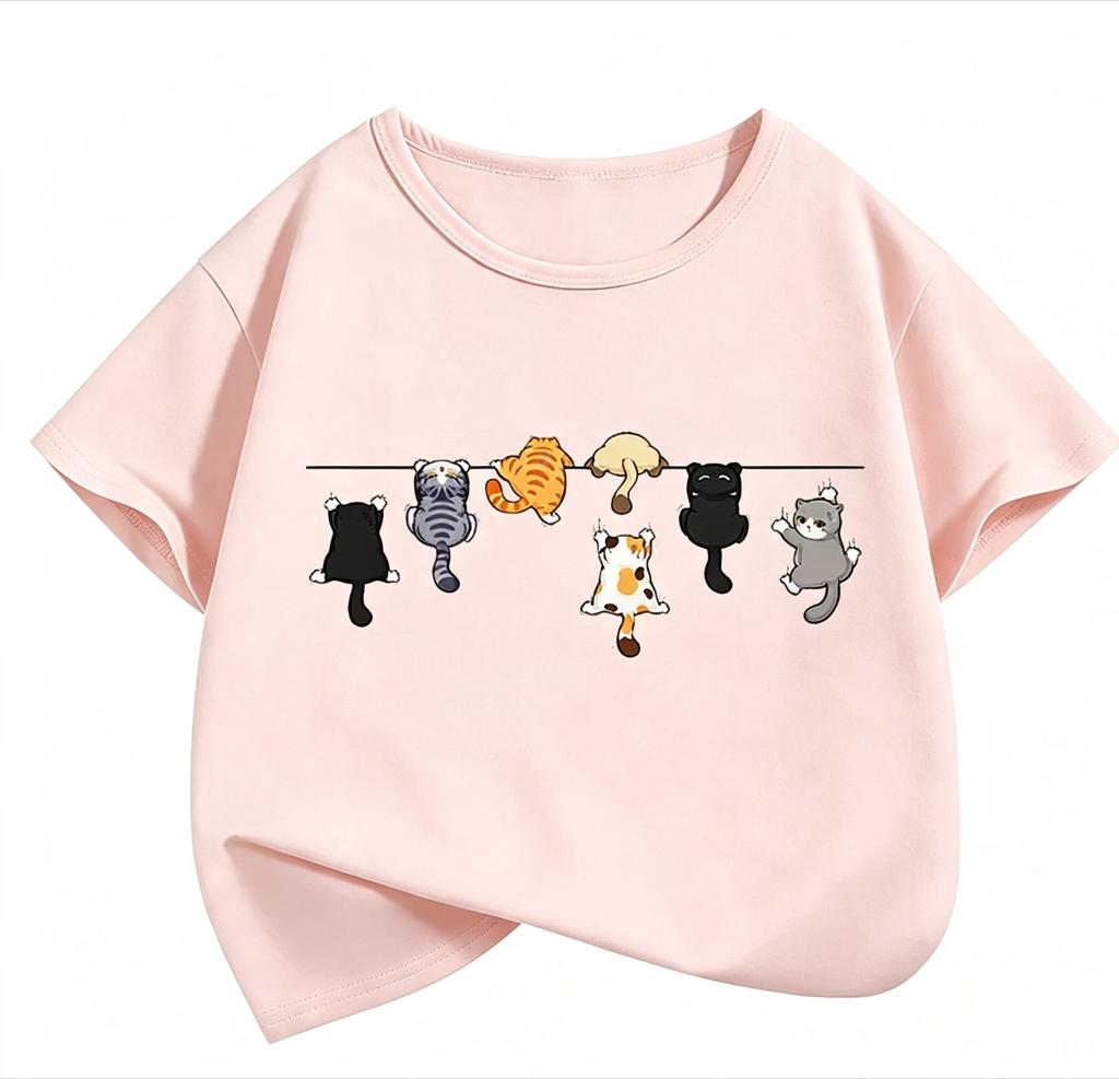 Climbing Cat Pattern Trendy Design Print T Shirts Short Sleeve Kids Children's T-shirt Boys Girls Summer Spring Casual Top Tee