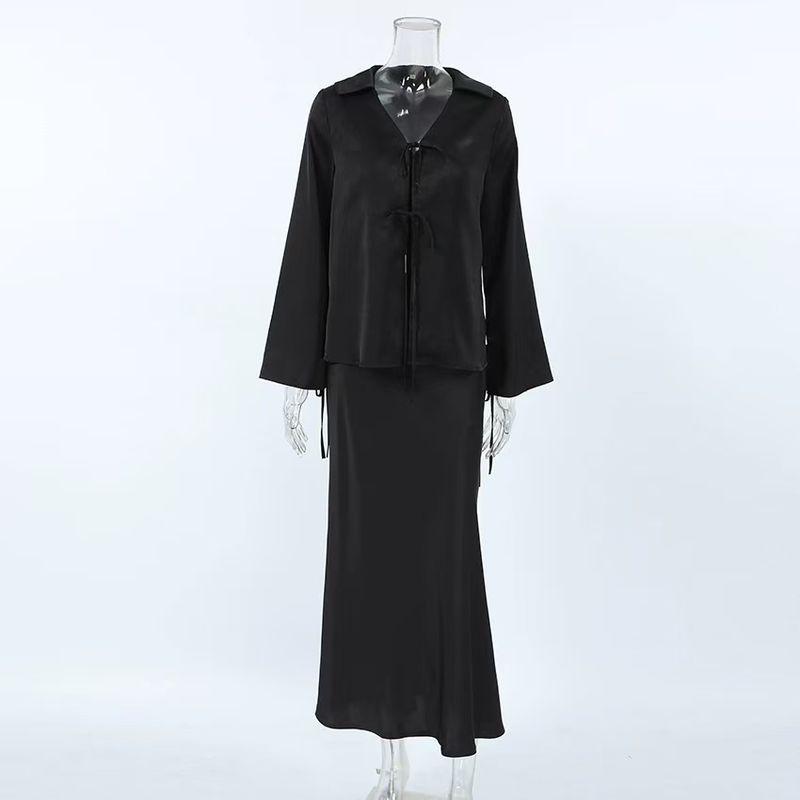 

European and American Satin V-neck Bell Sleeve Lace-up Top Fishtail Skirt Set Lace up Top and Skirt Set Black M