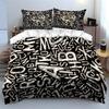 Black and White Graffiti Alphabet Pattern Bedding Set (1 Duvet Cover, 2 Pillowcases, Duvet Not Included)
