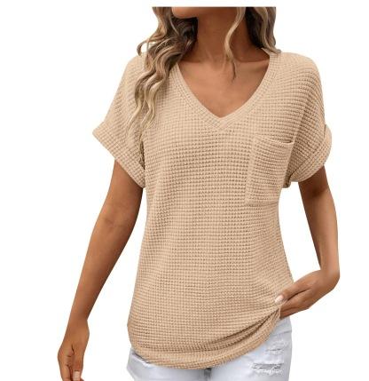 VEZFAA Damenmode, lässig, Sommer, Frühling, einfarbig, bedruckt, kurzärmelig, V-Ausschnitt, Blusen und Hemden