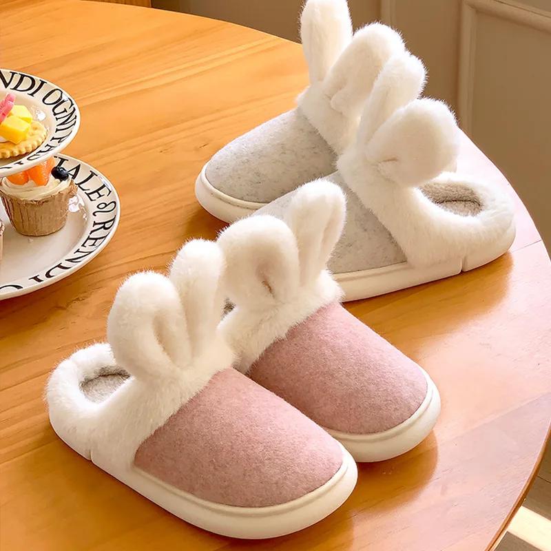 Fashion Platform Fluffy Slippers Women House Plush Rabbit Designer Winter Shoes Girls Flats Elegant Indoor Fashion Casual Footwear Warm