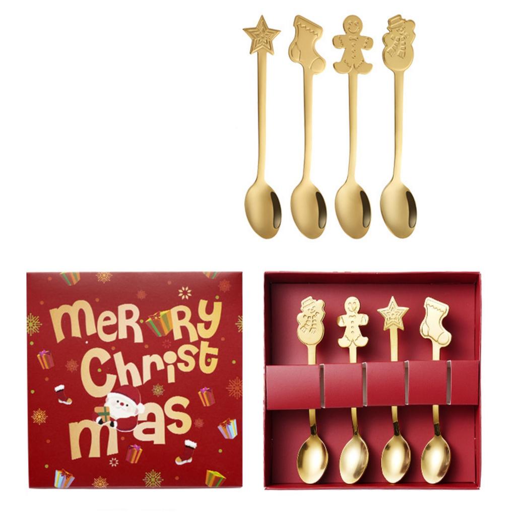4pcs Christmas Spoon Set Hot Chocolate Stirring Creative Stainless Steel Coffee Tea Soup Dessert For Drink Mixing Milkshaking