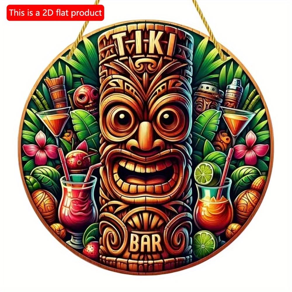 1pc 2d Flat Hawaiian Tiki Mask Bar Sign - 20cm Round Wood Art Decoration for Home, Garage, Cafe, Restaurant, Bar, BBQ, Beach, Resort Decoration