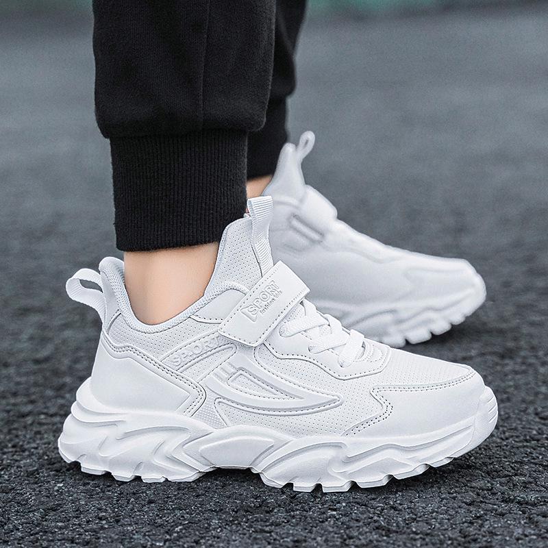 Pure White Student Sneakers - Unisex Double/Single Mesh Leather, Trendy Kids' Athletic Shoes