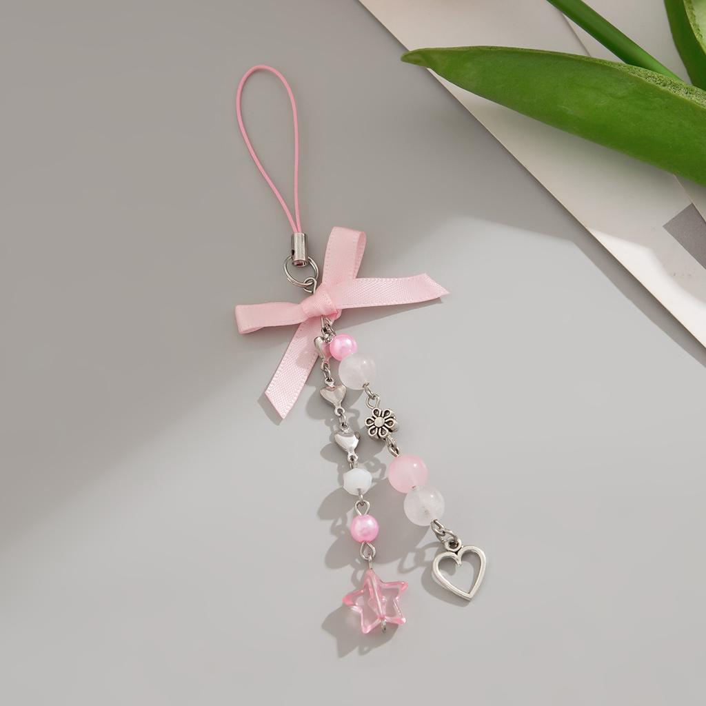 Cute Strap Bow Strawberry Pendant Mobile Phone Chain Bow Beaded Short Camera Pendant Keychain