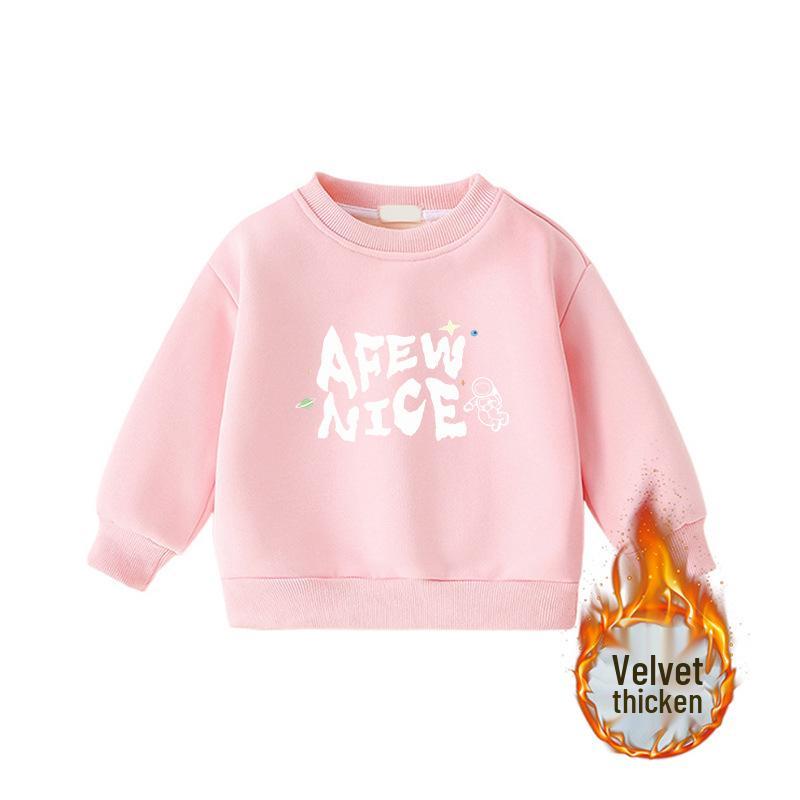 Children's Cartoon Print Velvet Lined Hoodie - Round Neck, Long Sleeve, Thickened Warm Base Layer