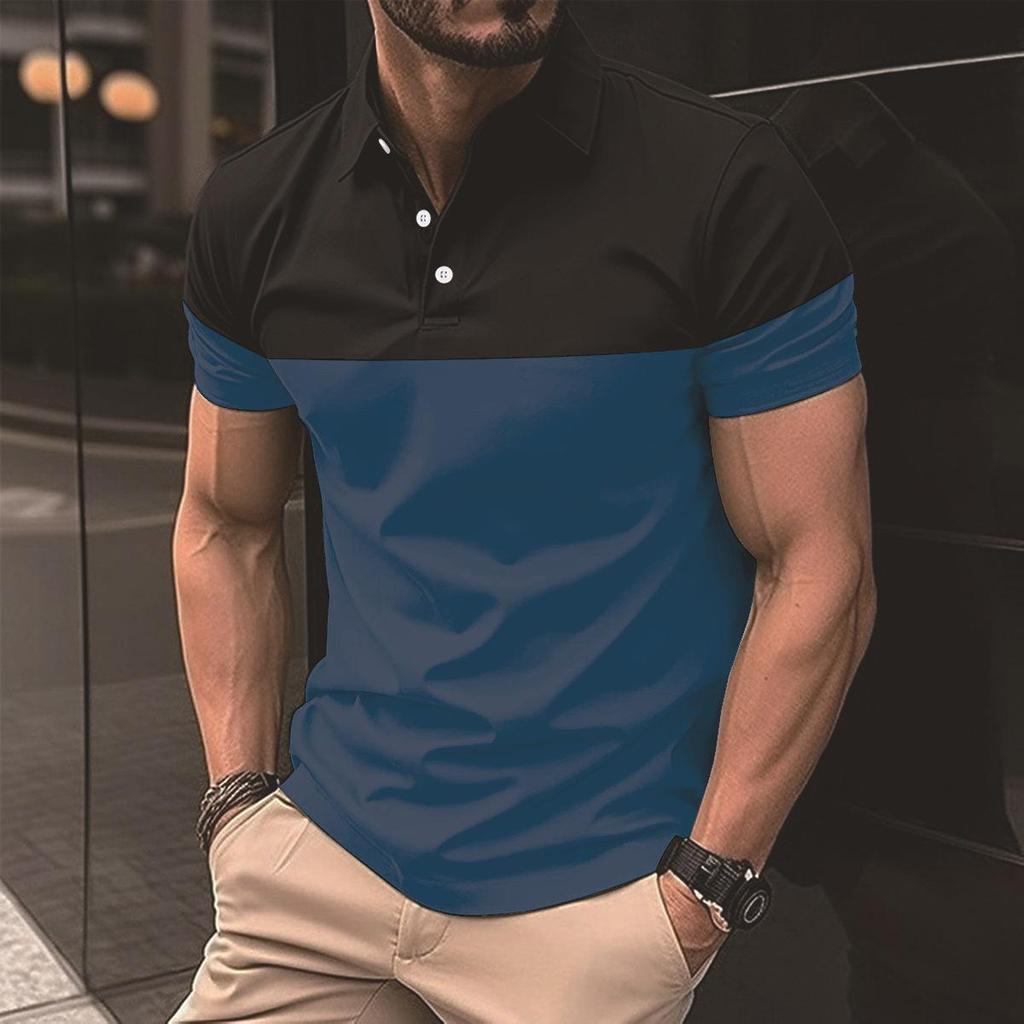 New Fashion Men's Casual POLO Shirt Fashion V-neck Button Business Colour Blocking T-shirt Tops
